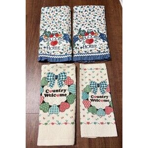 Vtg Cottagecore Kitchen 3 Hand towels 1 Wash Cloth Country Welcome Excellent